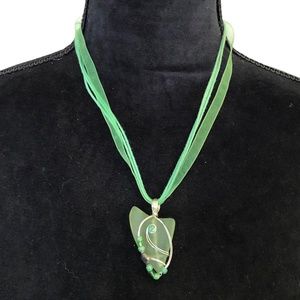 Vintage Green Art Glass Pendant Ribbon Necklace